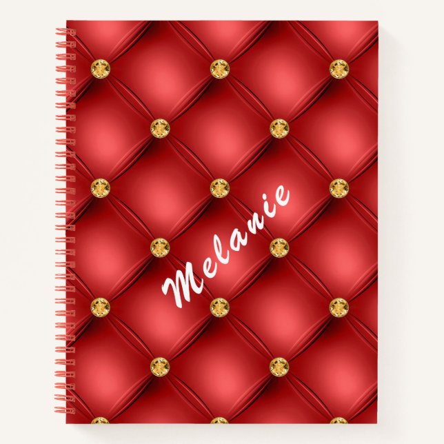 Red Gold Diamond Tufted Custom Text Notebook Notizbuch (Vorderseite)