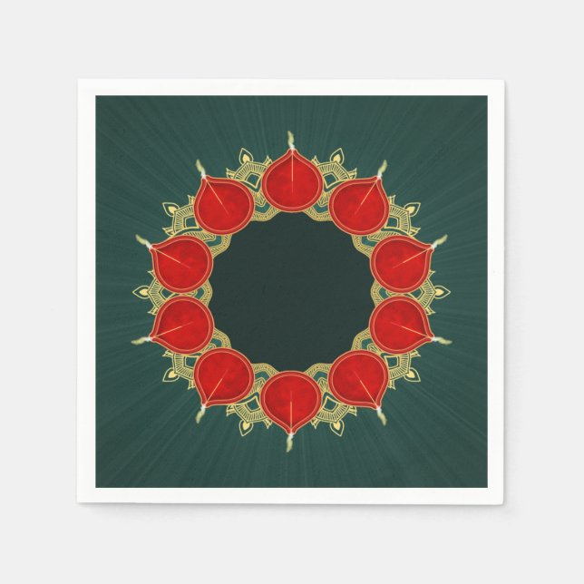 Red & Gold Diyas Mandala Diwali auf Aquamarin Serviette (Vorderseite)