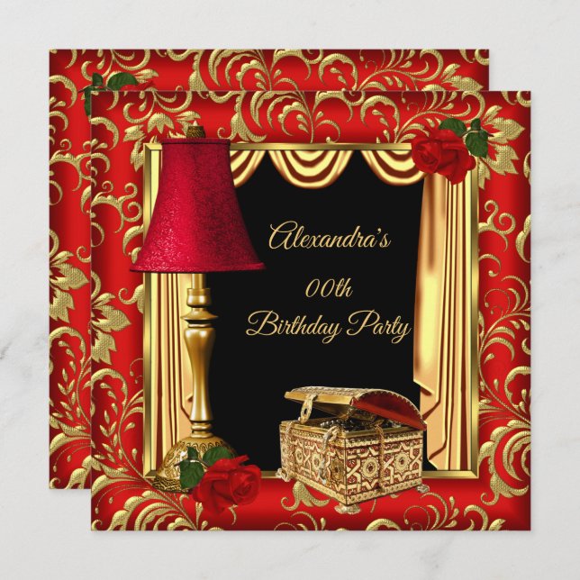 Red Gold Drapes Rose Lampenjuwel Box Geburtstag Einladung (Vorne/Hinten)