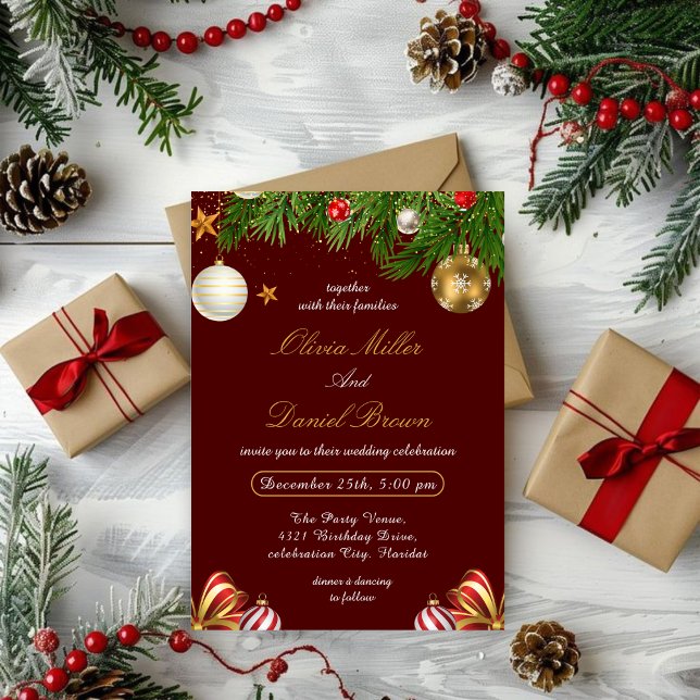 Red,Gold Elegant Christmas holiday winter Wedding Einladung (Von Creator hochgeladen)