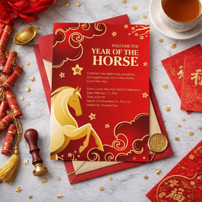 Red Gold Elegant Lunar New Year Horse Einladung (Von Creator hochgeladen)