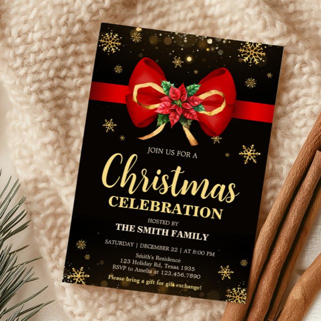 Red Gold Elegante Bow Holiday Weihnachten Party Einladung (Elegant Bow Holiday Christmas Party Invitation)