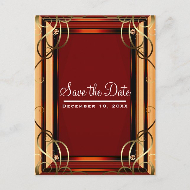 Red & Gold Elegante Company Save the Date Ankündigungspostkarte (Vorderseite)