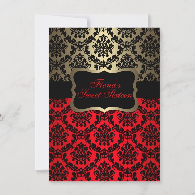 Red & Gold Elegante Damask Birthday Einladung (Vorderseite)
