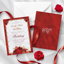 Red Gold Elegante Monogram Rose Formal Wedding Einladung