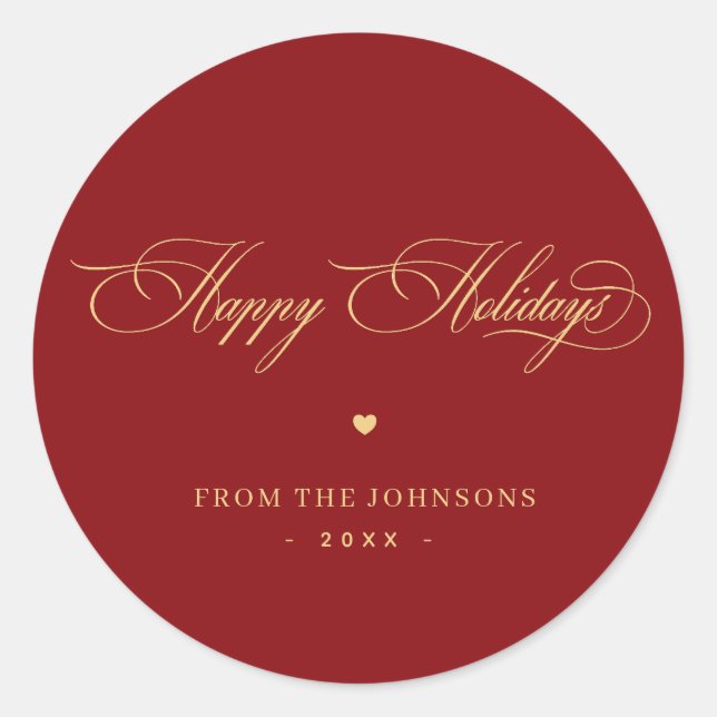 Red & Gold Elegante Script Happy Holidays Custom Runder Aufkleber (Vorderseite)