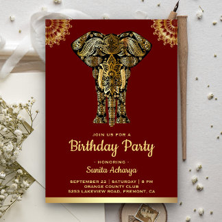 Red Gold Elephant Indian Birthday Party Einladung