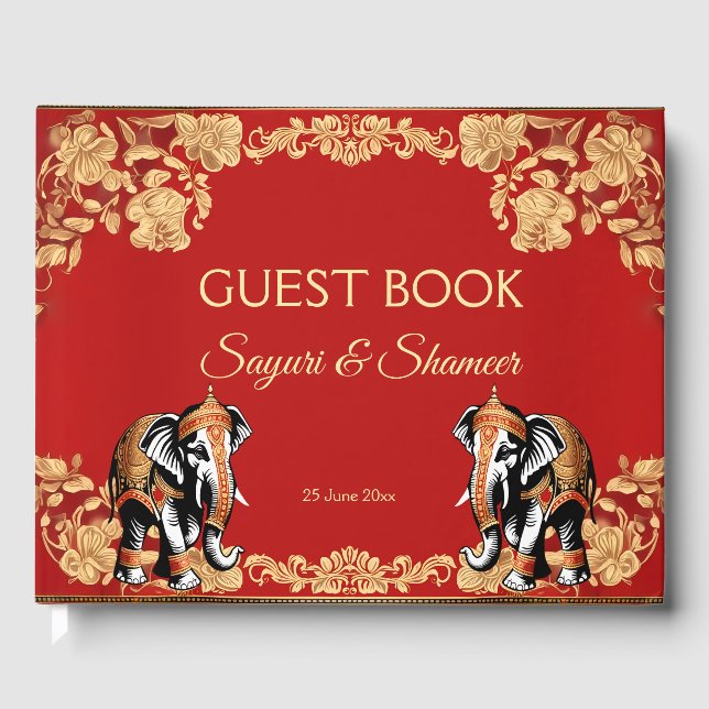 Red gold elephants Indian wedding personalized Gästebuch (Vorderseite)