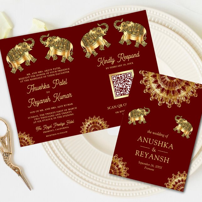 Red Gold Ethnic Elephants Indian QR Code Hochzeit Einladung (Von Creator hochgeladen)