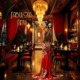 Red Gold Fabulous Art Deko Dress Ethnic Woman Einladung