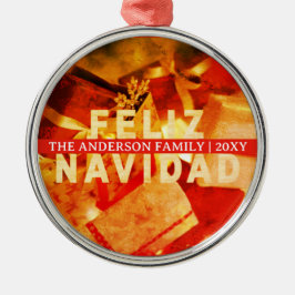 Red Gold Feliz Navidad Modern Elegant Christmas Ornament Aus Metall
