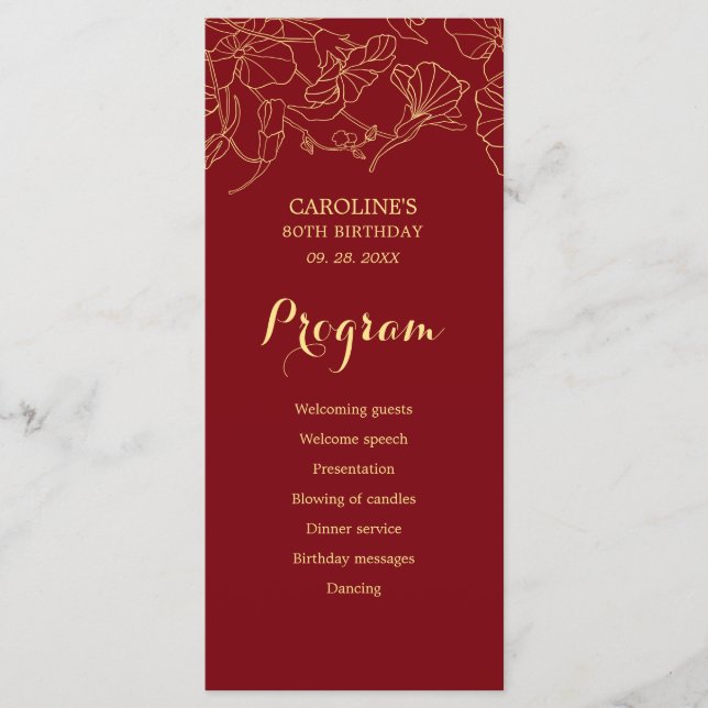 Red Gold Floral Birthday Programm (Vorderseite)