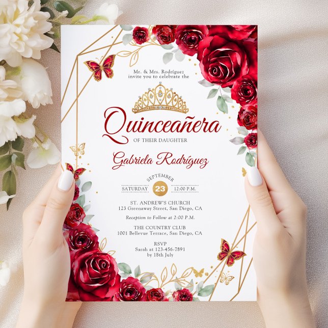 Red Gold Floral Chic Quinceanera Einladung (Von Creator hochgeladen)