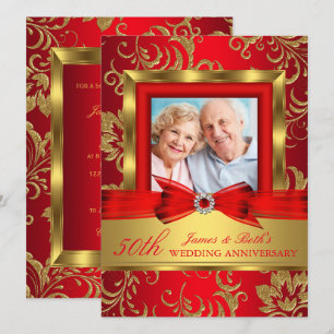 Red Gold Floral Foto 50. Hochzeitstag Einladung