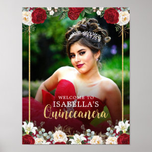 Red Gold Floral Foto Quinceañera Begrüßungszeichen Poster