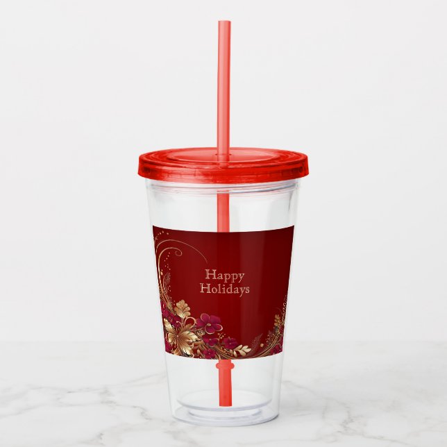 Red Gold Floral Holiday Acrylic Tumbler Acryltrinkbecher (Vorderseite)