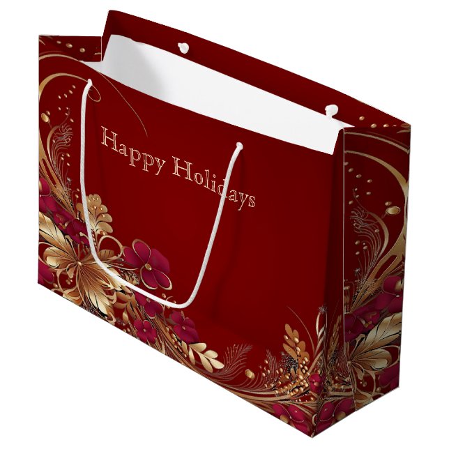 Red Gold Floral Holiday Geschenktasche Große Geschenktüte (Vorderseite Schrägansicht)