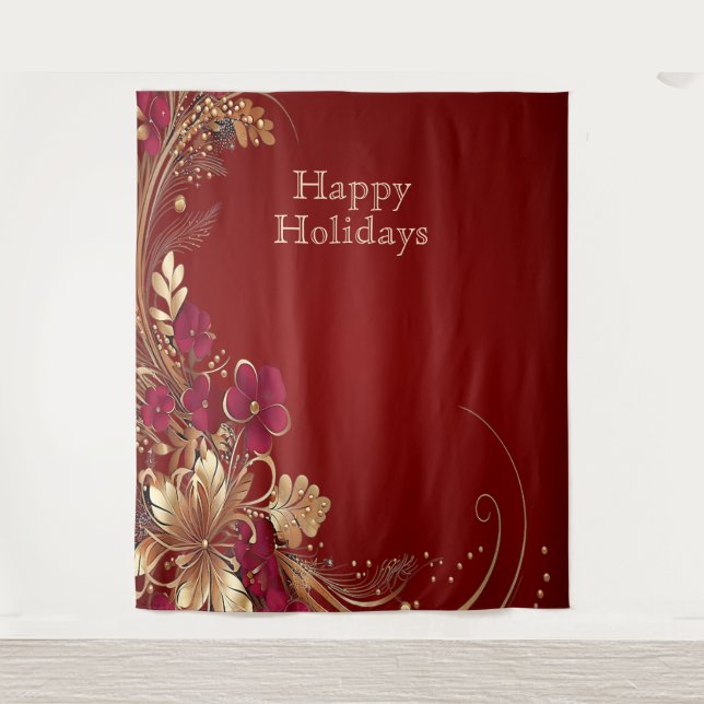 Red Gold Floral Holiday Hintergrund Wandteppich (Vorderseite)