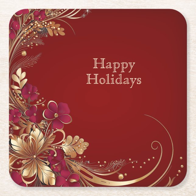 Red Gold Floral Holiday Paper Untersetzer (Vorderseite)