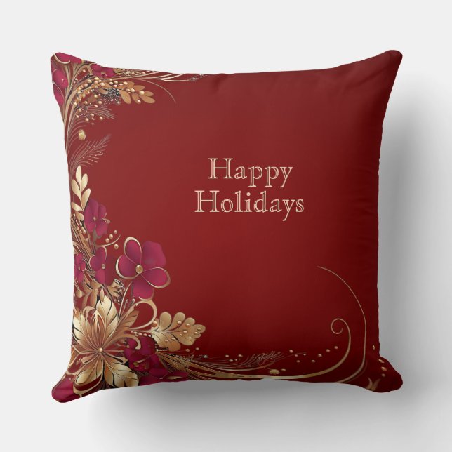 Red Gold Floral Holiday Throw Kissen (Rückseite)
