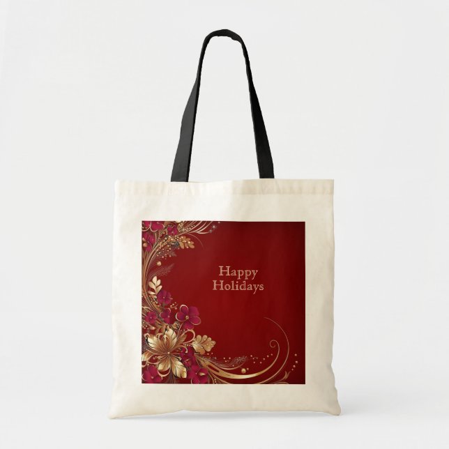 Red Gold Floral Holiday Toag Tragetasche (Vorne)