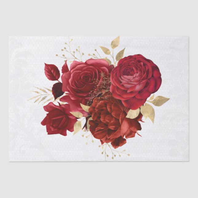 Red Gold Floral Lace Bouquet Decoupage Seidenpapier (Vorderseite)