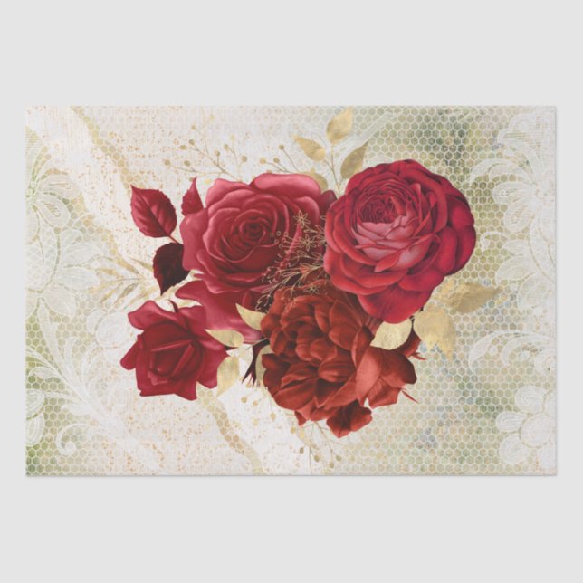 Red Gold Floral Lace Bouquet Decoupage Seidenpapier (Vorderseite)