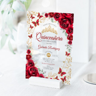 Red Gold Floral Quinceanera Acryleinladungen