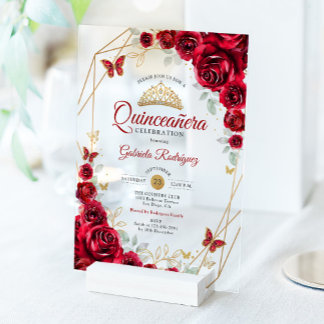 Red Gold Floral Quinceanera Acryleinladungen