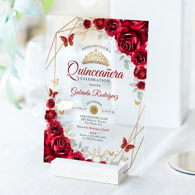Red Gold Floral Quinceanera Acryleinladungen (Von Creator hochgeladen)
