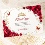 Red Gold Floral Quinceanera Dankeskarte<br><div class="desc">Rot,  Gold und Weiß Blumen Quinceanera danke Ihnen Karte. Features,  Skript-Schriftart,  Goldschmetterlinge,  Aquarellfarben-Rose und Tiara. Ideal für eine elegante Glasfeier im Prinzessinnstil. Personalisieren Sie Ihre persönlichen Daten.</div>