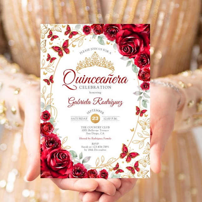 Red Gold Floral Quinceanera Einladung (Von Creator hochgeladen)