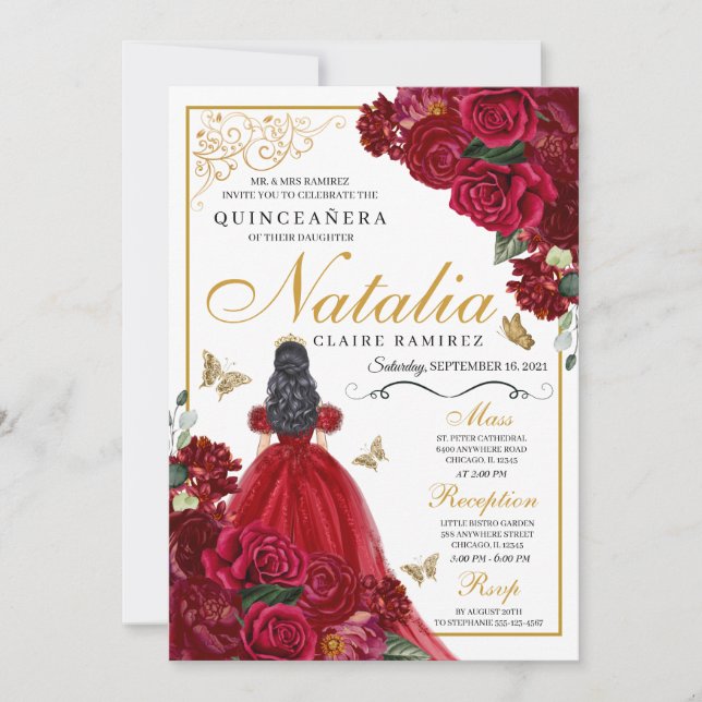 Red & Gold Floral Quinceanera Geburtstag Einladung (Vorderseite)