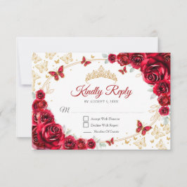 Red Gold Floral Quinceanera Reply RSVP Karte