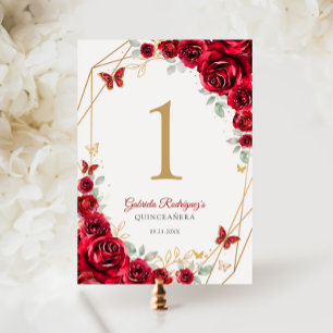 Red Gold Floral Quinceanera Tischnummer