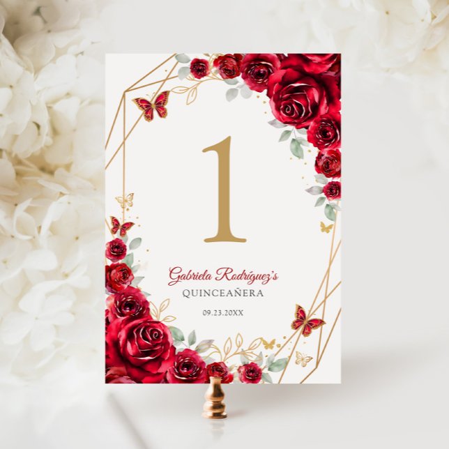 Red Gold Floral Quinceanera Tischnummer (Von Creator hochgeladen)