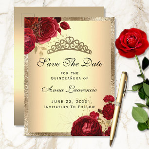 Red Gold Floral Rose Quinceanera Save the Date Postkarte
