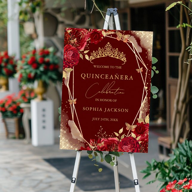 Red Gold Floral Rosen Quinceanera Sign Willkommen Poster (Von Creator hochgeladen)