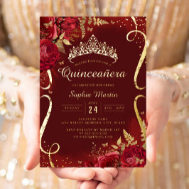 Red Gold Floral Scroll Quinceanera Folieneinladung