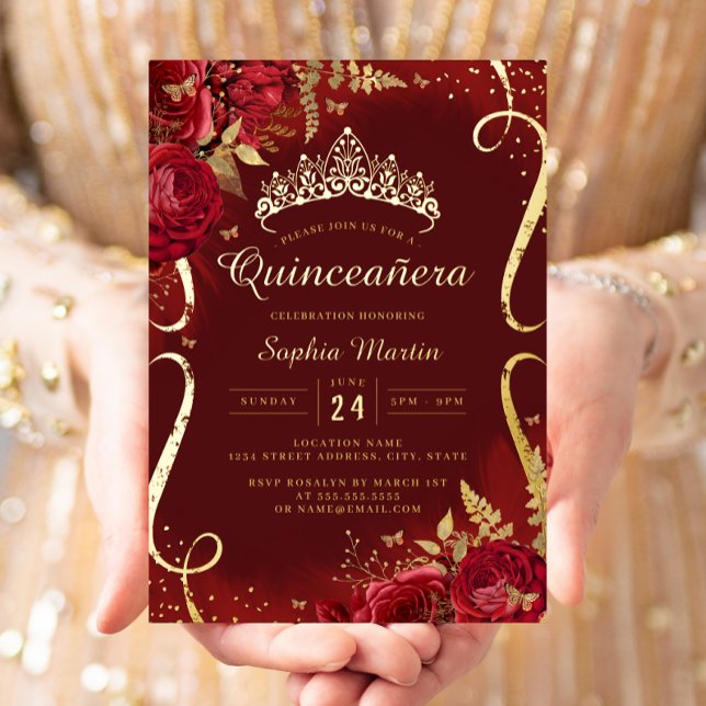 Red Gold Floral Scroll Quinceanera Folieneinladung (Von Creator hochgeladen)