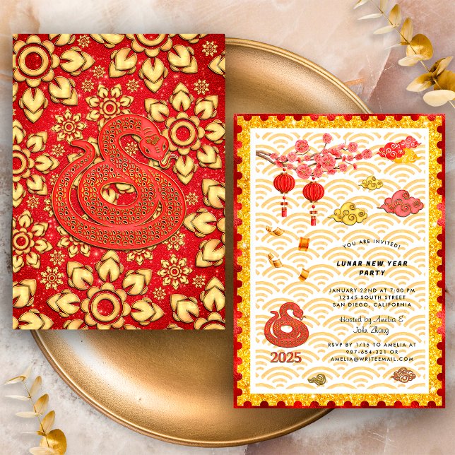 Red Gold Floral Snake 2025 Chinesisches New Year P Einladung (Von Creator hochgeladen)