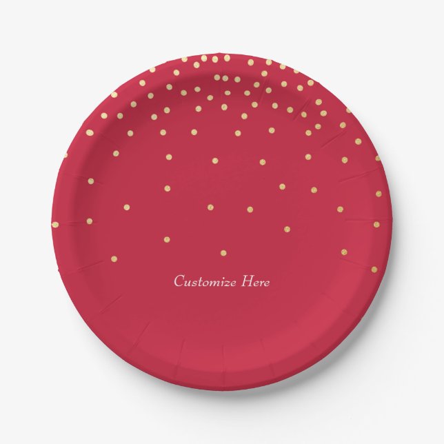 Red & Gold Foil Confetti Dots Holiday Party Teller (Vorderseite)