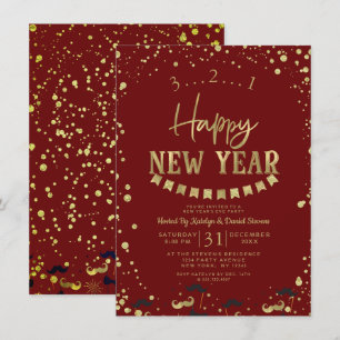 Red & Gold Foil Confetti Silvester Party Einladung