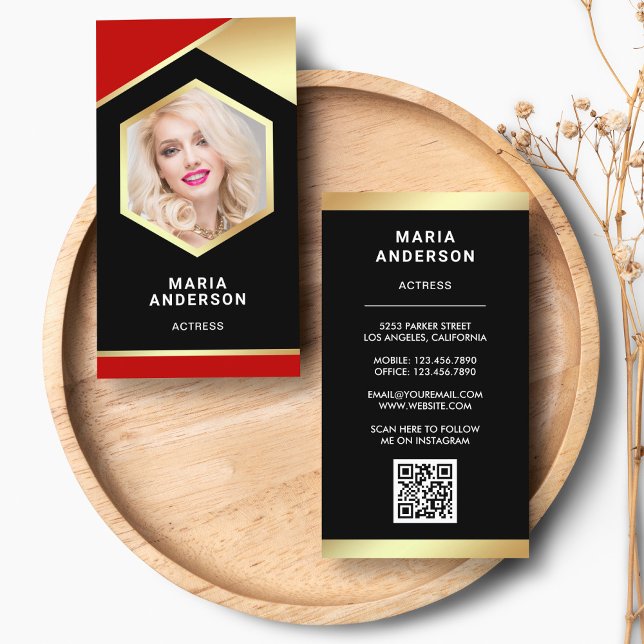 Red Gold Foil Model Acress QR Code Foto Visitenkarte (Von Creator hochgeladen)