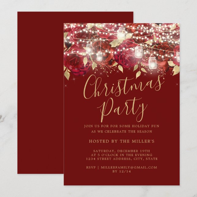 Red Gold Foliage Lights Weihnachtsgebäck Party Einladung (Vorne/Hinten)
