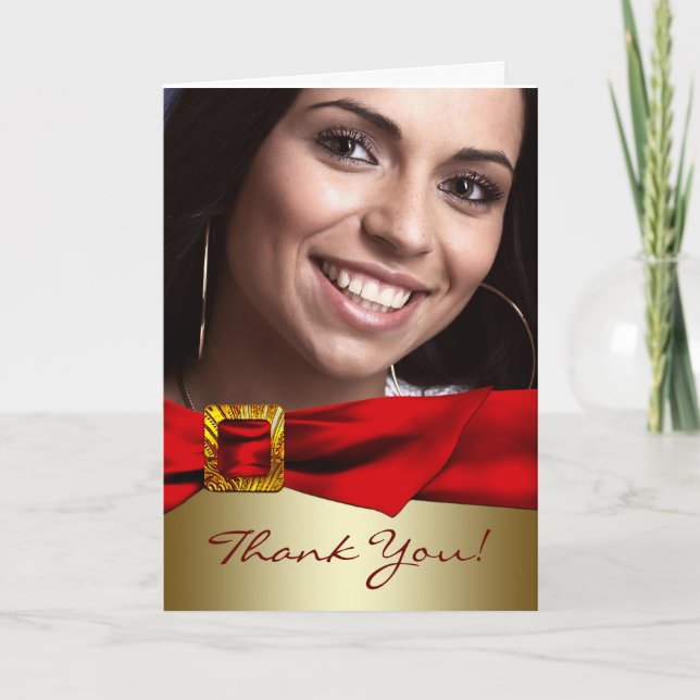 Red Gold Foto Quinceanera Thank You Cards Dankeskarte (Vorderseite)