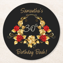 Red & Gold Geburtstag Runder Pappuntersetzer