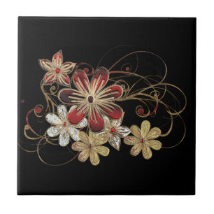 Red Gold Gemstone Blume Schwarze Keramik Tile Fliese