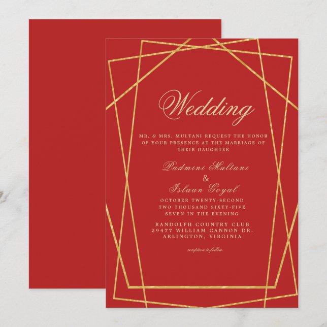 Red Gold Geometric Indian Style Wedding Einladung (Vorne/Hinten)