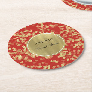 Red Gold Glam Confetti Brautparty Runder Pappuntersetzer